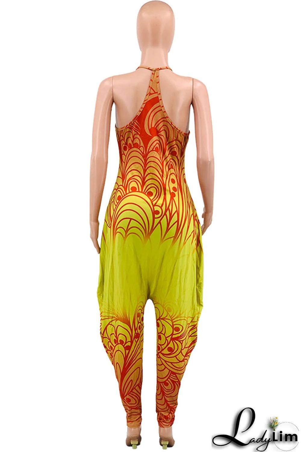 Green Casual Gradual Change Print Patchwork Spaghetti Strap Harlan Jumpsuits