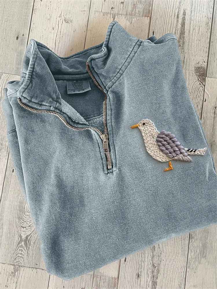 Lovely Seagull Embroidery Art Zip Up Sweatshirt