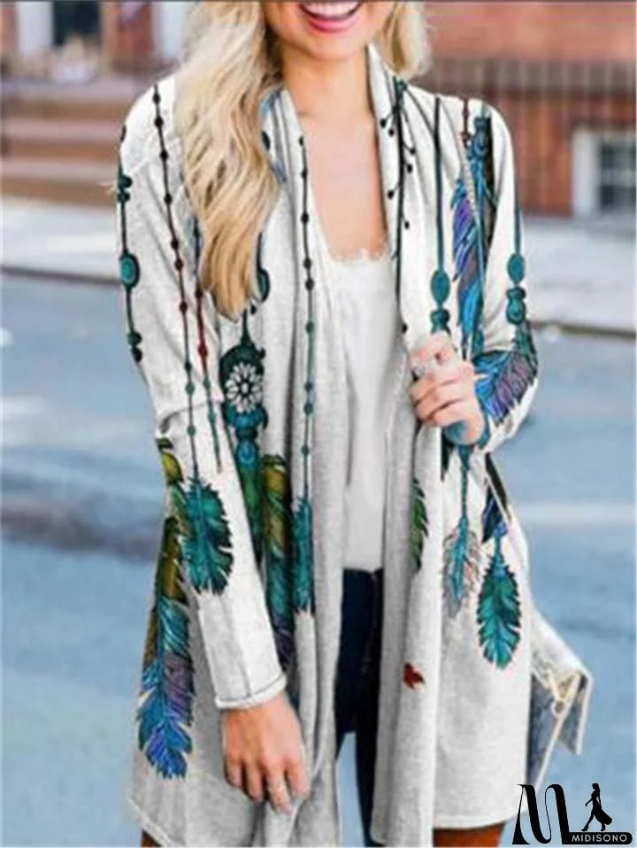 MidiSono - Casual Style Feather Floral Printed Long Sleeve Open Front Tops