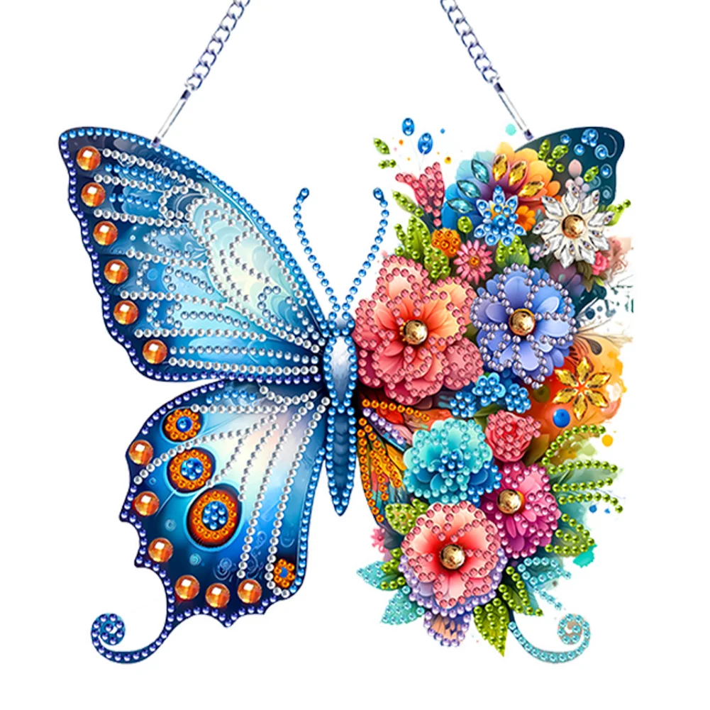 DIY Blue Butterfly and Flowers Acrylic Diamond Painting Hanging Pendant Decor
