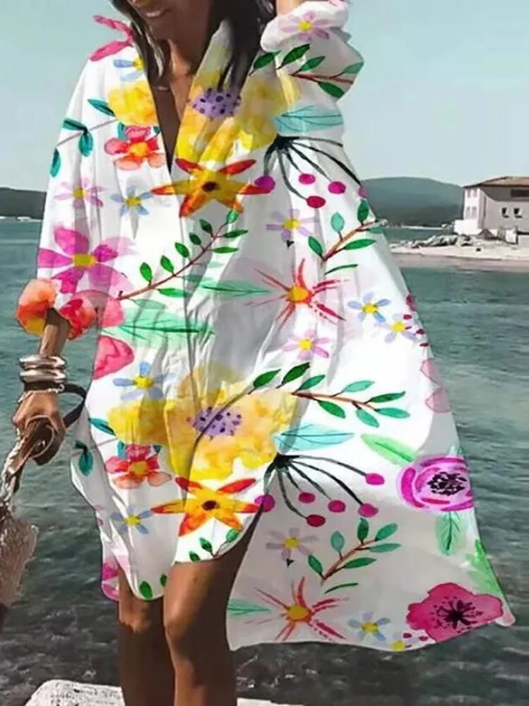 Women Buttons Shirt Dresses Autumn Elegant Floral Printed Long Sleeve Dress Ladies Casual Loose A-Line Beach Boho Dress Vestidos
