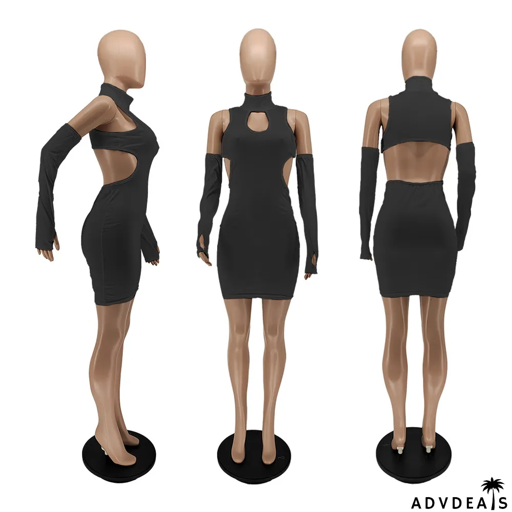 Solid Sexy Hollow Out Mini Dress With Sleeves