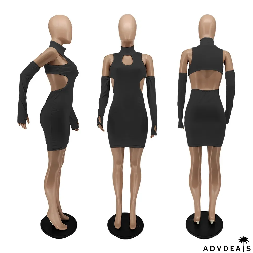 Solid Sexy Hollow Out Mini Dress With Sleeves