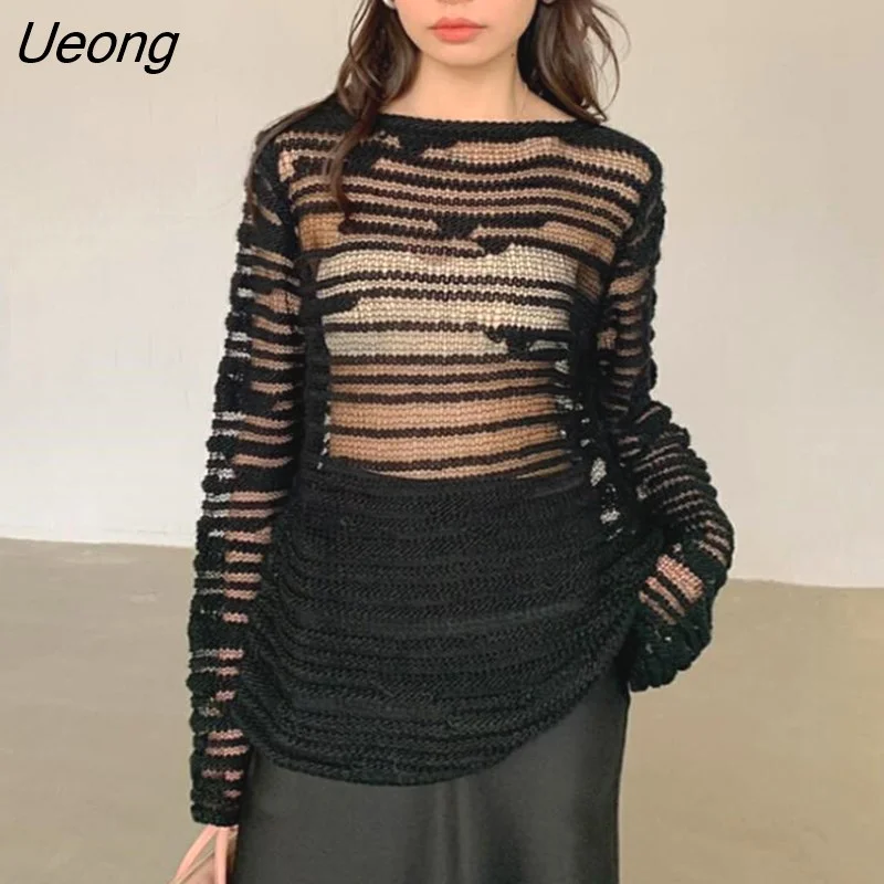 Ueong Lazy Style Long Sleeve T-shirts Hollow Out Sexy Korean Fashion See Through Knitted Tshirts Loose Women Chic Streetwear