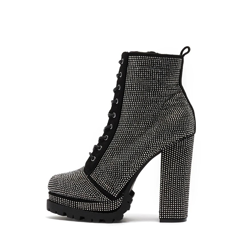 TAAFO Black Crystal Platform Woman Ankle Boots High Chunky Heels Round Toe Booties Ladies Party Shoes