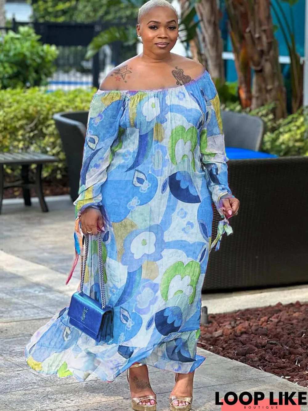 Off Shoulder Printed Casual Maxi Dresses