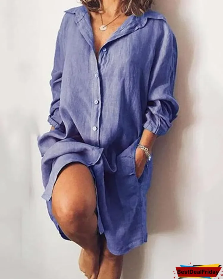 casual v neck long sleeve solid buttons dresses p264431