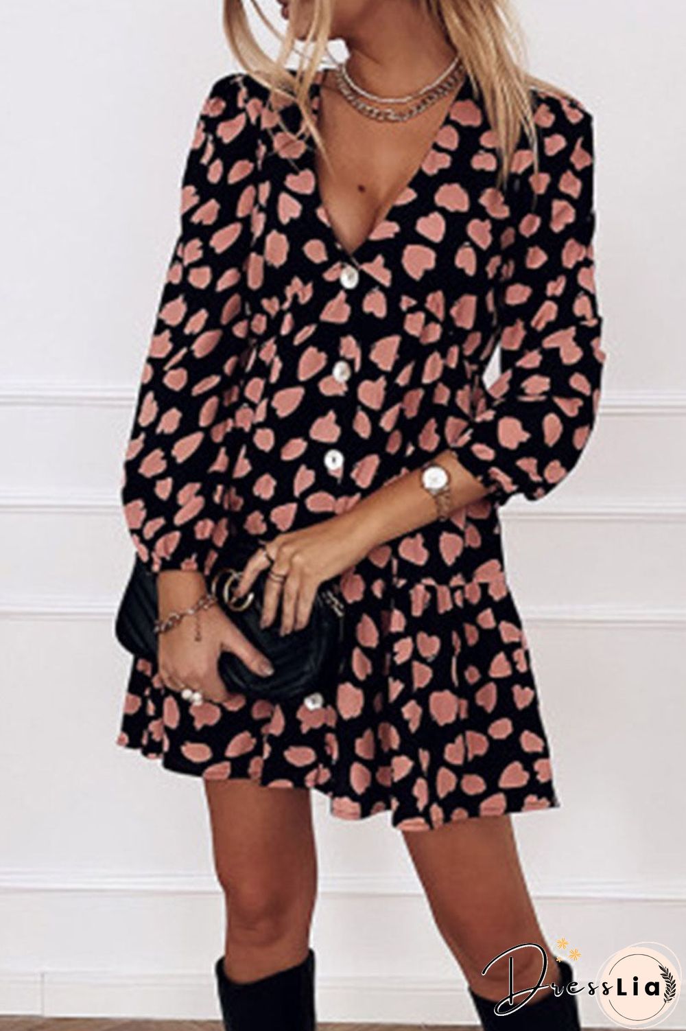 Fashion Casual Print Split Joint V Neck A Line Dresses(3 Colors)