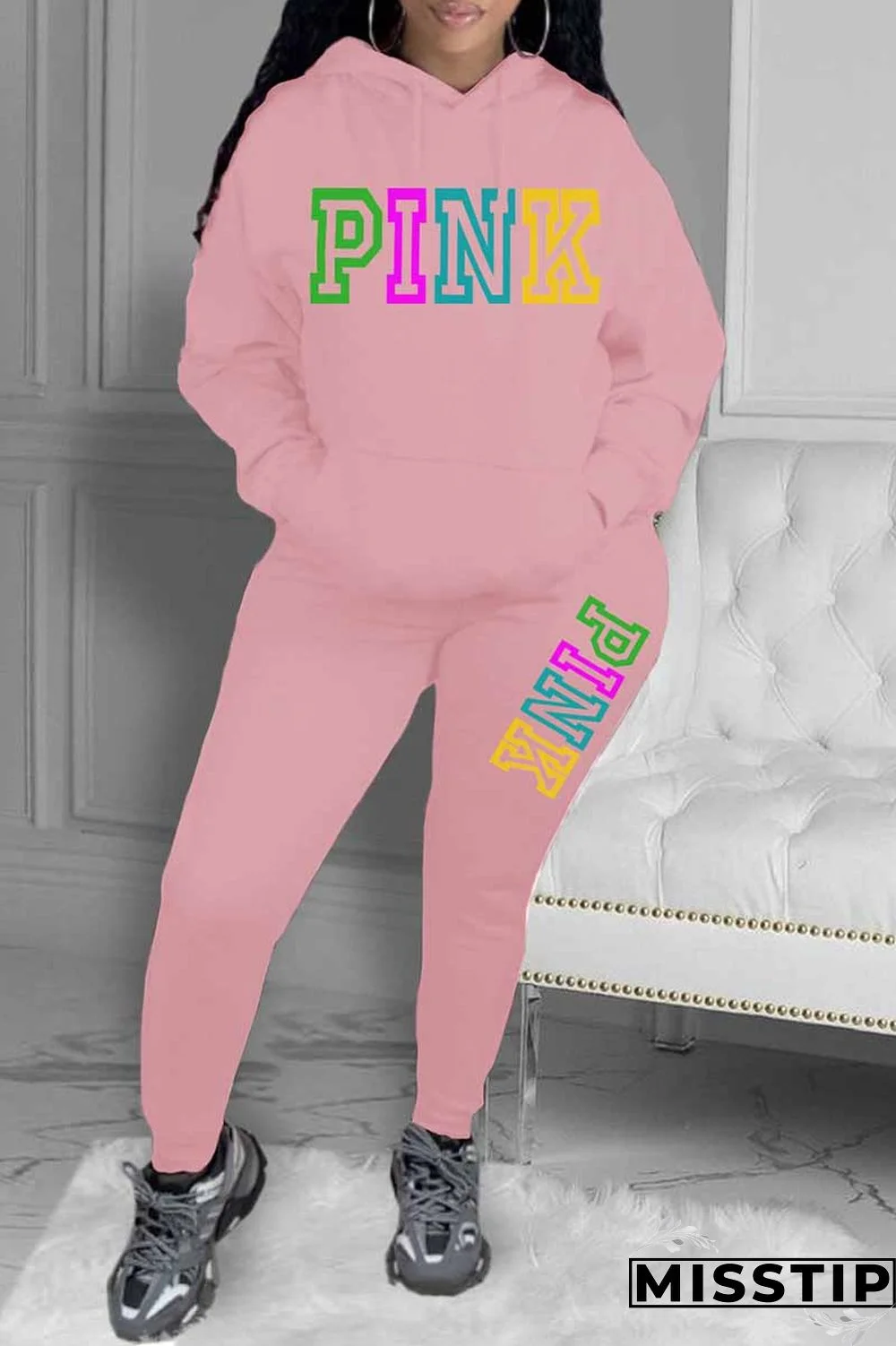 Grey Casual Print Letter Hooded Collar Long Sleeve Two Pieces