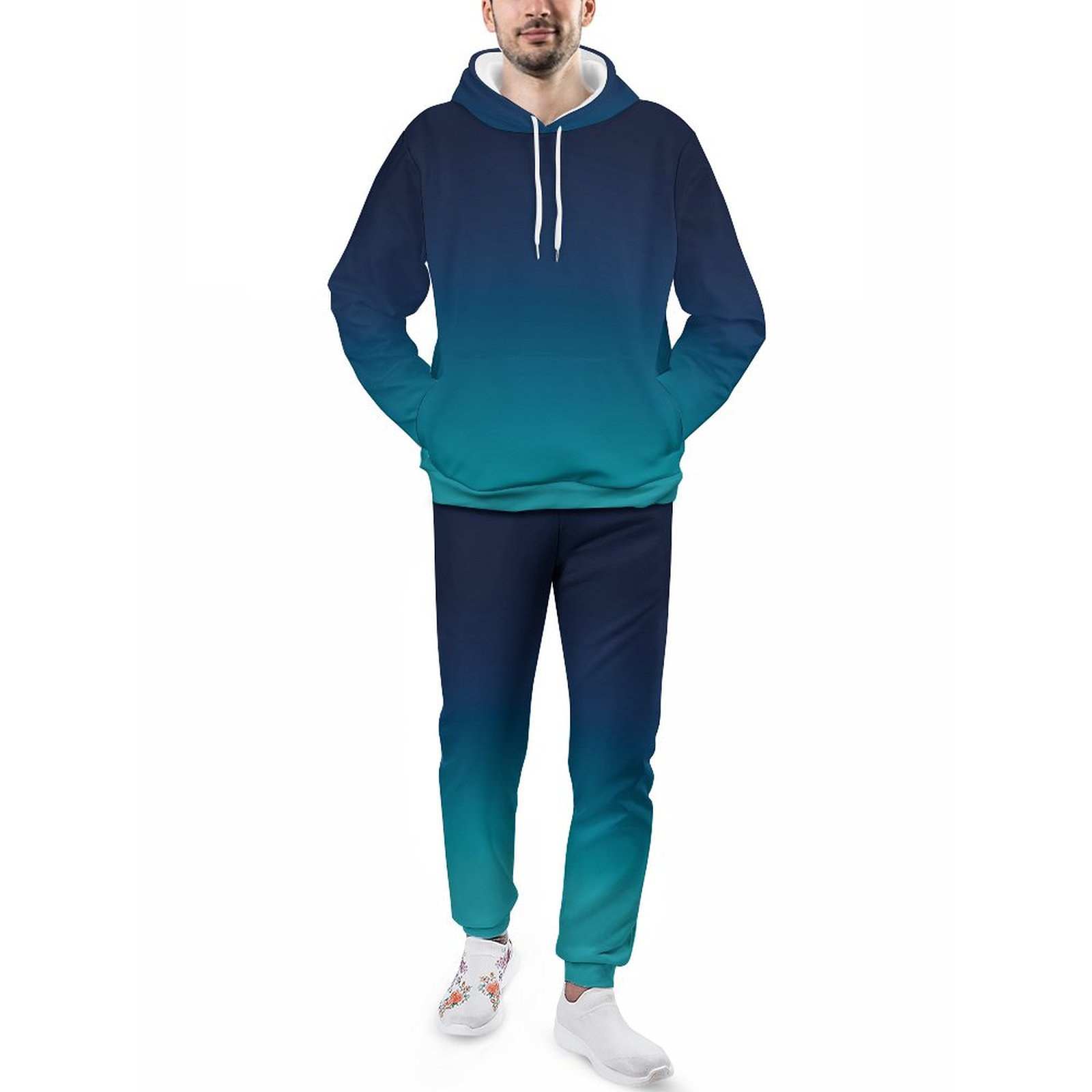 Turquoise Blue Ombre Elegant Gradient Men's Tracksuit 2 Piece Hoodie Sweatsuit Sets Guys Casual Jogging Athletic Suits