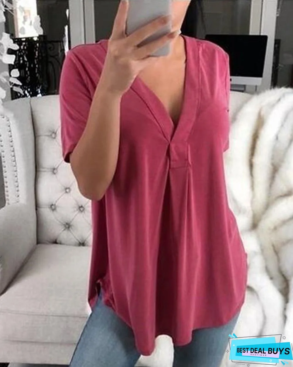Women's T-Shirt Solid Colored Plain V Neck Tops Loose Basic Top White Black Purple-0203827