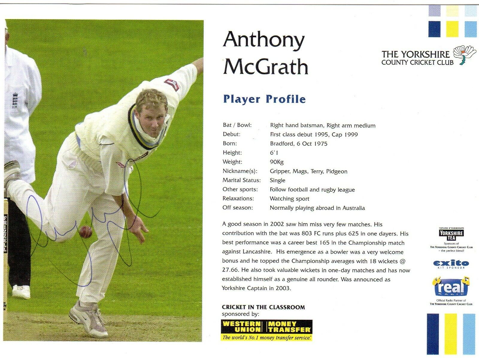 ANTHONY McGRATH AUTOGRAPH, CRICKET, SPORT