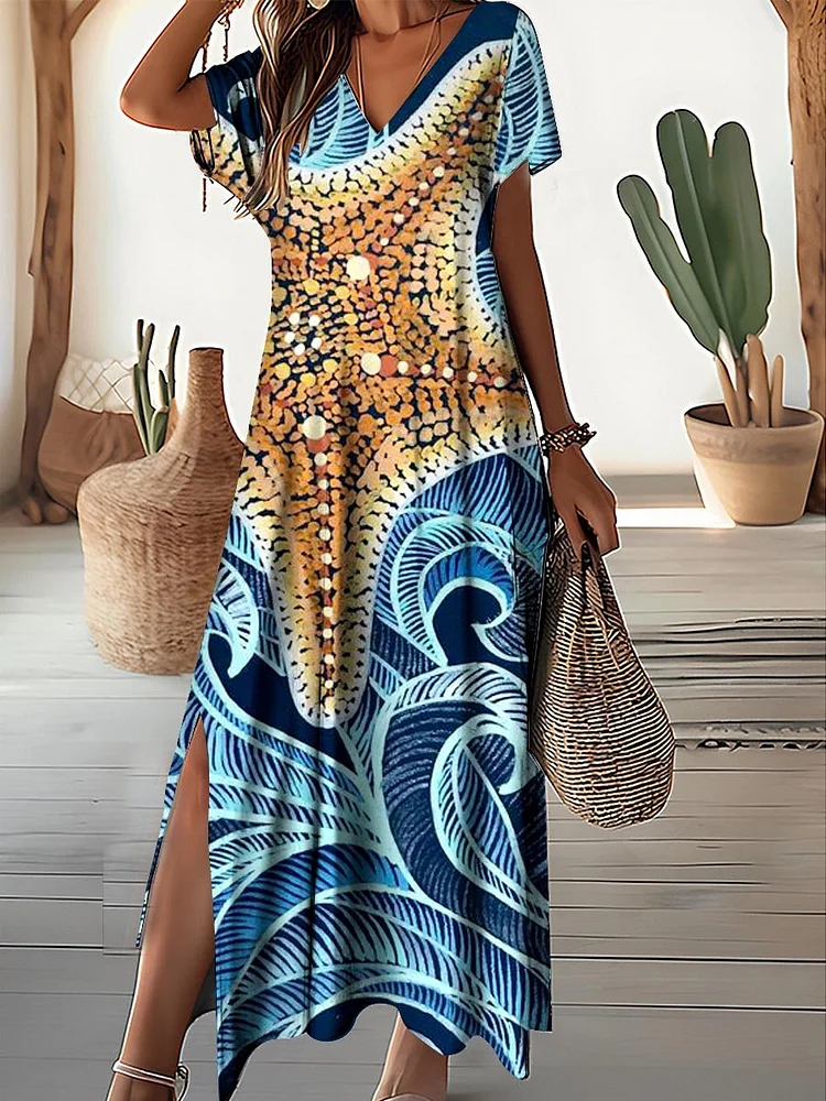 Women's Starfish Pattern Print V-Neck Dress