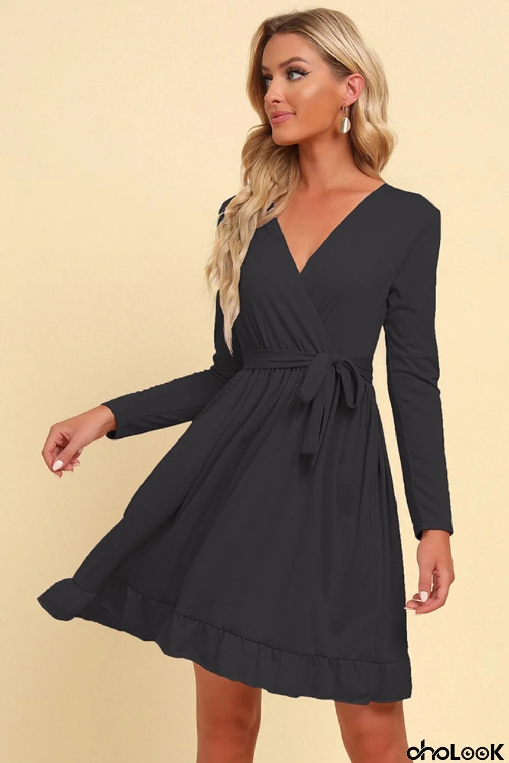 Long Sleeve Tie Waist Ruffle Hem Dress