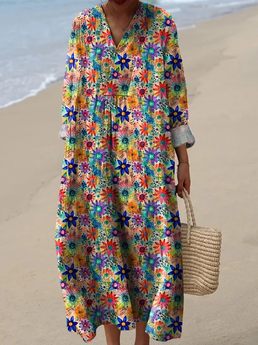 Colorful Hippie Style Floral Pattern Printed Women's Dress