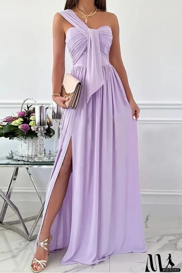 MidiSono - Simple Sleeveless Off-Shoulder Hem Slit Maxi Dress