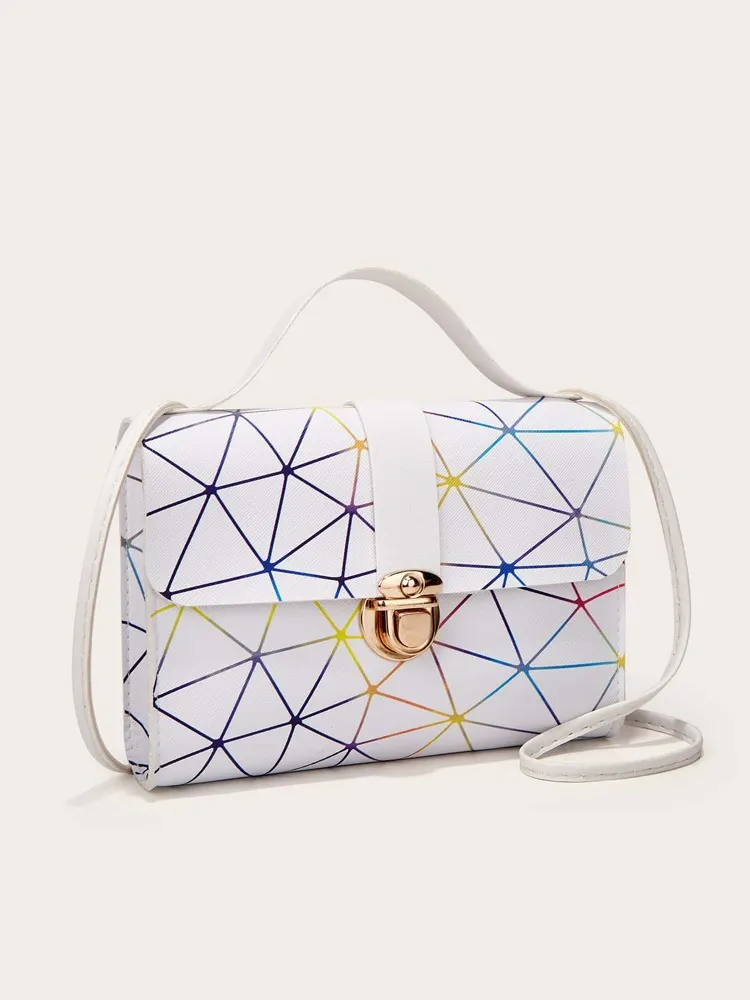 Geometric Graphic Push Lock Flap Chain Bag