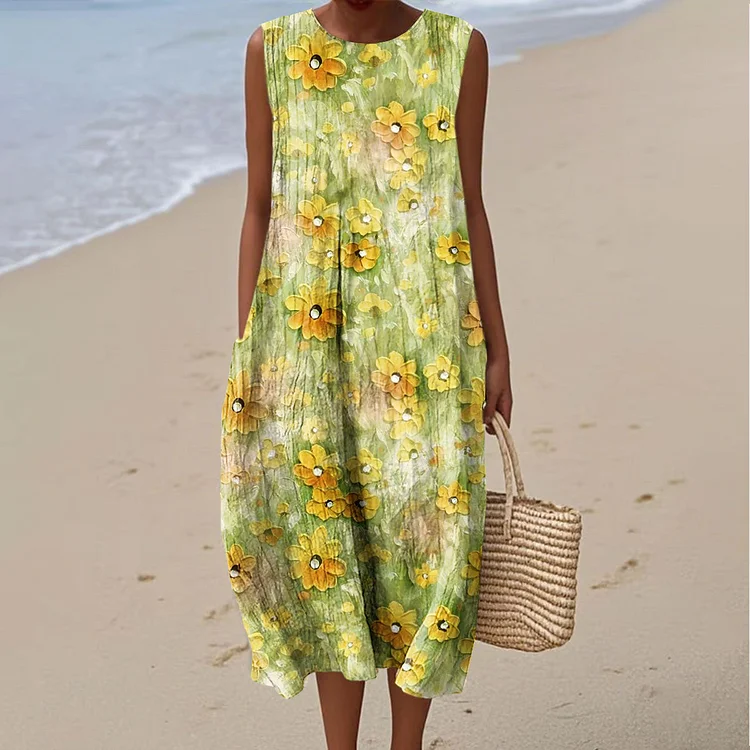 Women's Vintage Floral Art Print Sleeveless Cotton Pocket Wrap Dress