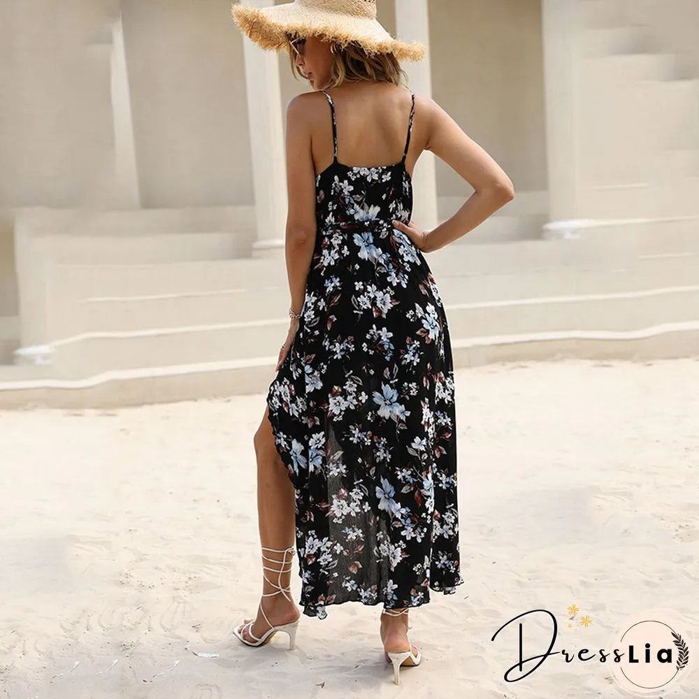 Elegant Floral Print Split Sling Dress For Women Autumn New V-Neck High Waist Lace-up