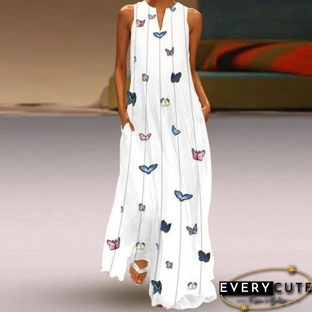Women's Sleeveless Dress In Summer V-neck Print Dress White Dresses