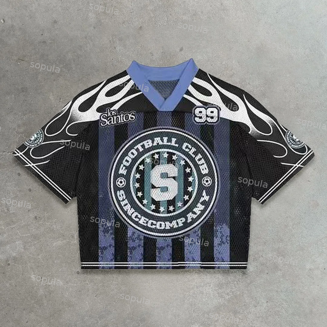Vintage Global Flame  No.33 Graphics Blokecore Blokette Cotton Football V-neck Jersey T-shirt - SOPULA