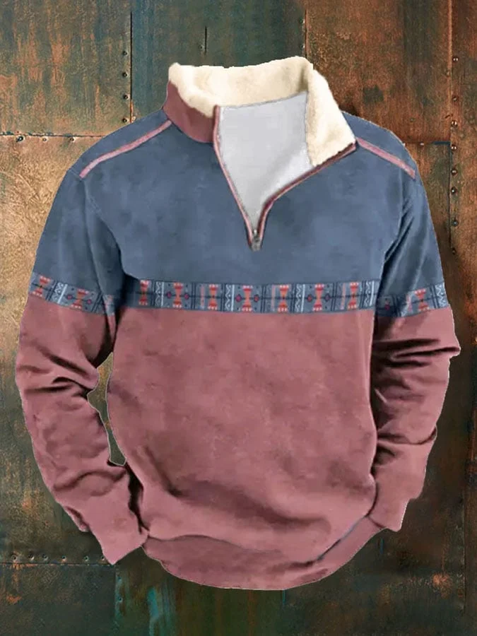 Men's Western Print Zipper Collar Long Sleeve Sweatshirt