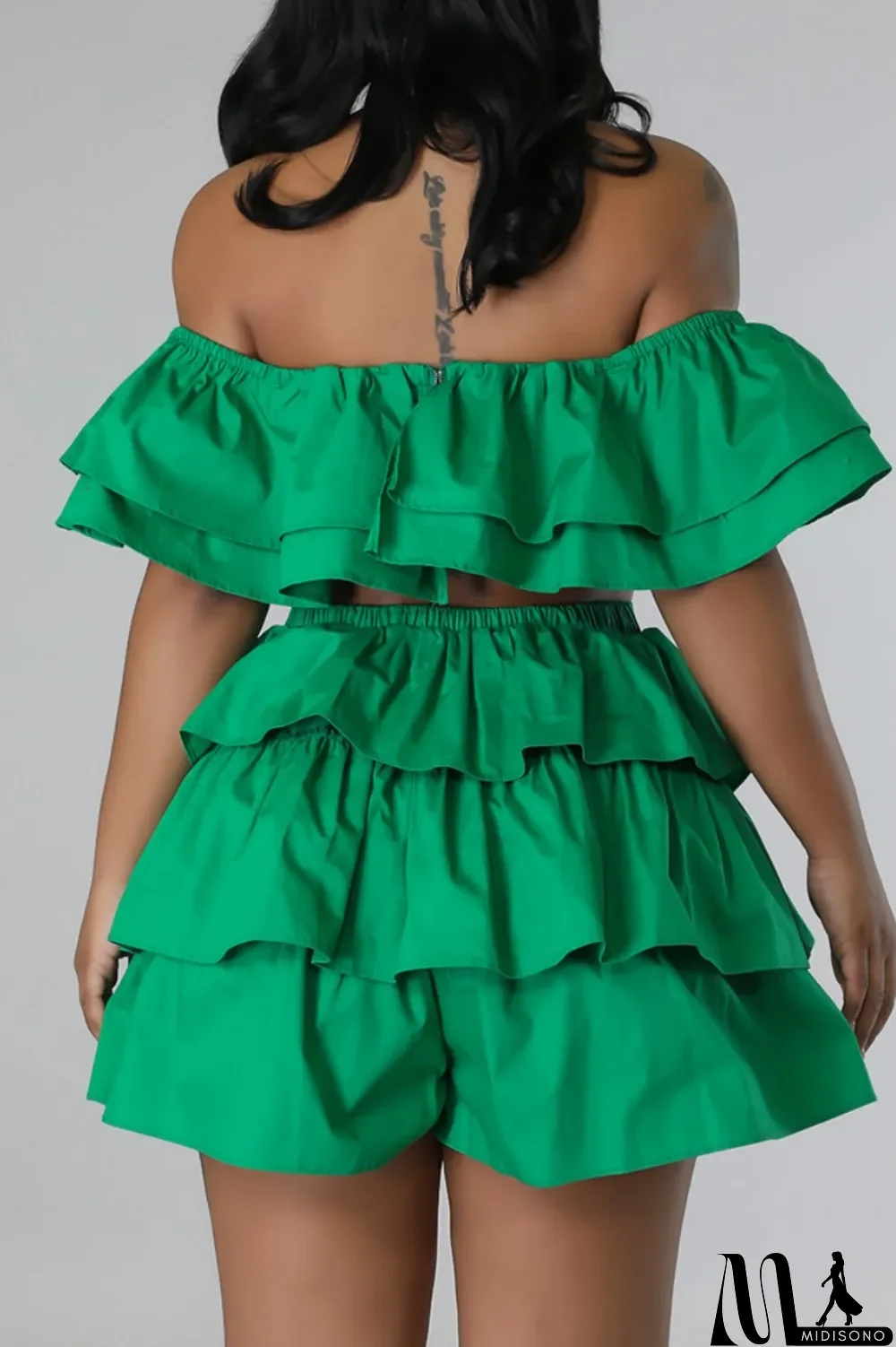 MidiSono - Rose Red Sexy Casual Solid Patchwork Backless Off the Shoulder Short Sleeve Two Pieces