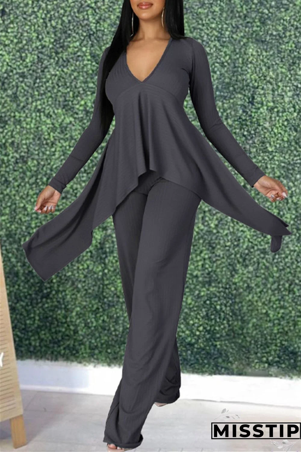 Black Fashion Casual Patchwork Solid Asymmetrical V Neck Long Sleeve Two Pieces