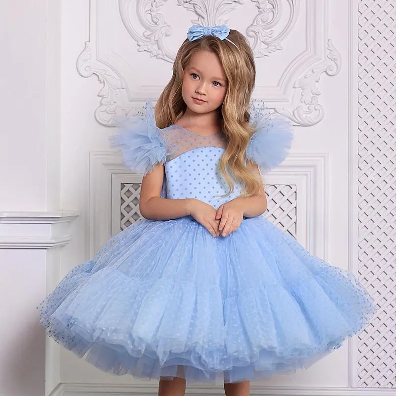 Wedding Party Dress for Girl Flower Polka Dot Elegant Kids Evening Dresses Children Tulle Bridesmaid Dresses Girls Prom Vestidos