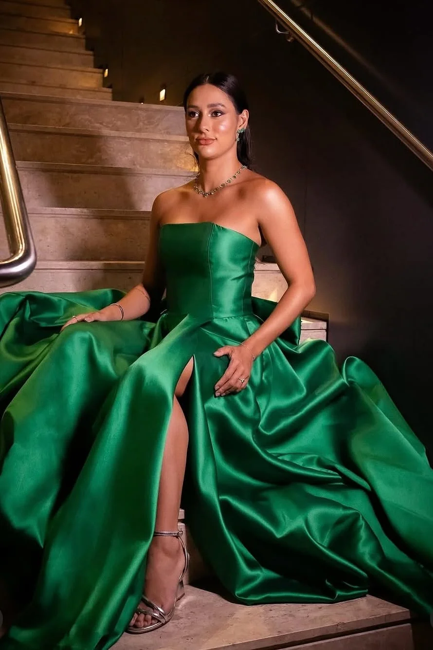 Daisda Dark Green Sleeveless Strapless Square A-Line Prom Dress