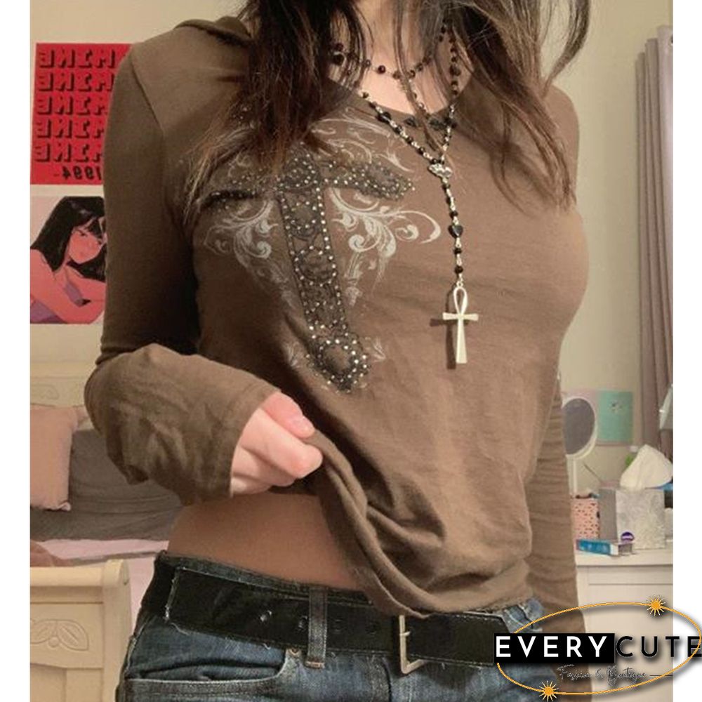 Fairy Grunge Hoodie Brown Graphic Cross Print Long Sleeve Hooded Tops Y2k Aesthetic Women Sweatshirt Streetwear