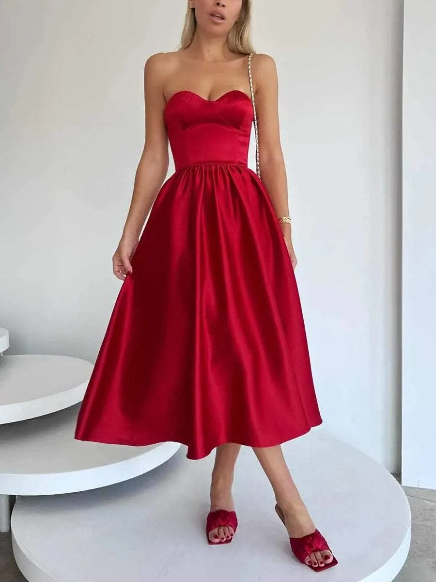 Elegant SATIN Wrap Chest Sleeveless Mid Length Evening Dress