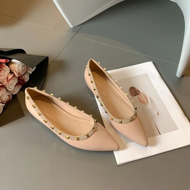 Breakj Breakj Rivet Single Shoes Fender French Temperament Piercing Wearing Willow Dingy Shoes Evening Evening Wind Gentle Nude Flat Shoes Women