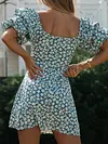 Floral Printed Puff Sleeves Mini Dresses