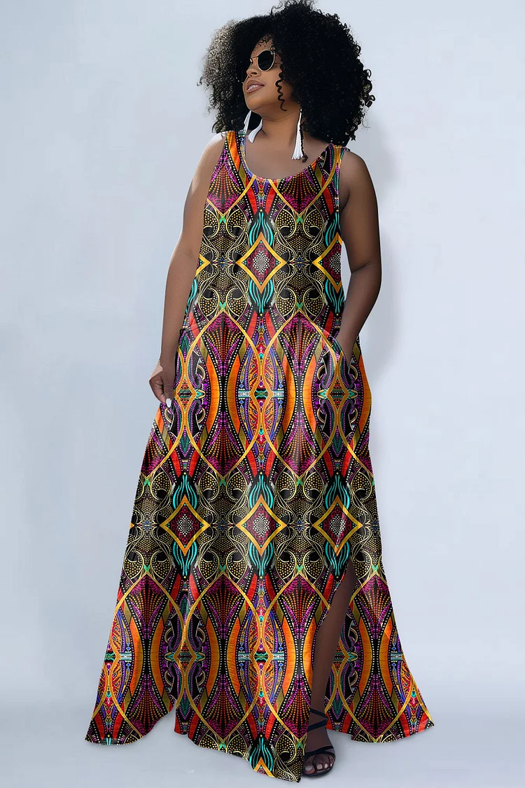 Xpluswear Design Plus Size Casual Multicolor All Over Print Round Neck Sleeveless Sundress Pocket Maxi Dresses [Pre-Order]