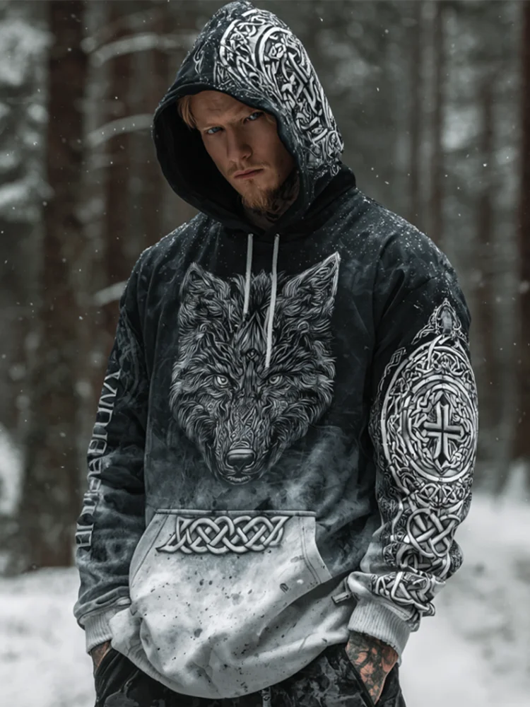 Men's Black And White Gradient Wolf Head Design Hooded Sweatshirt