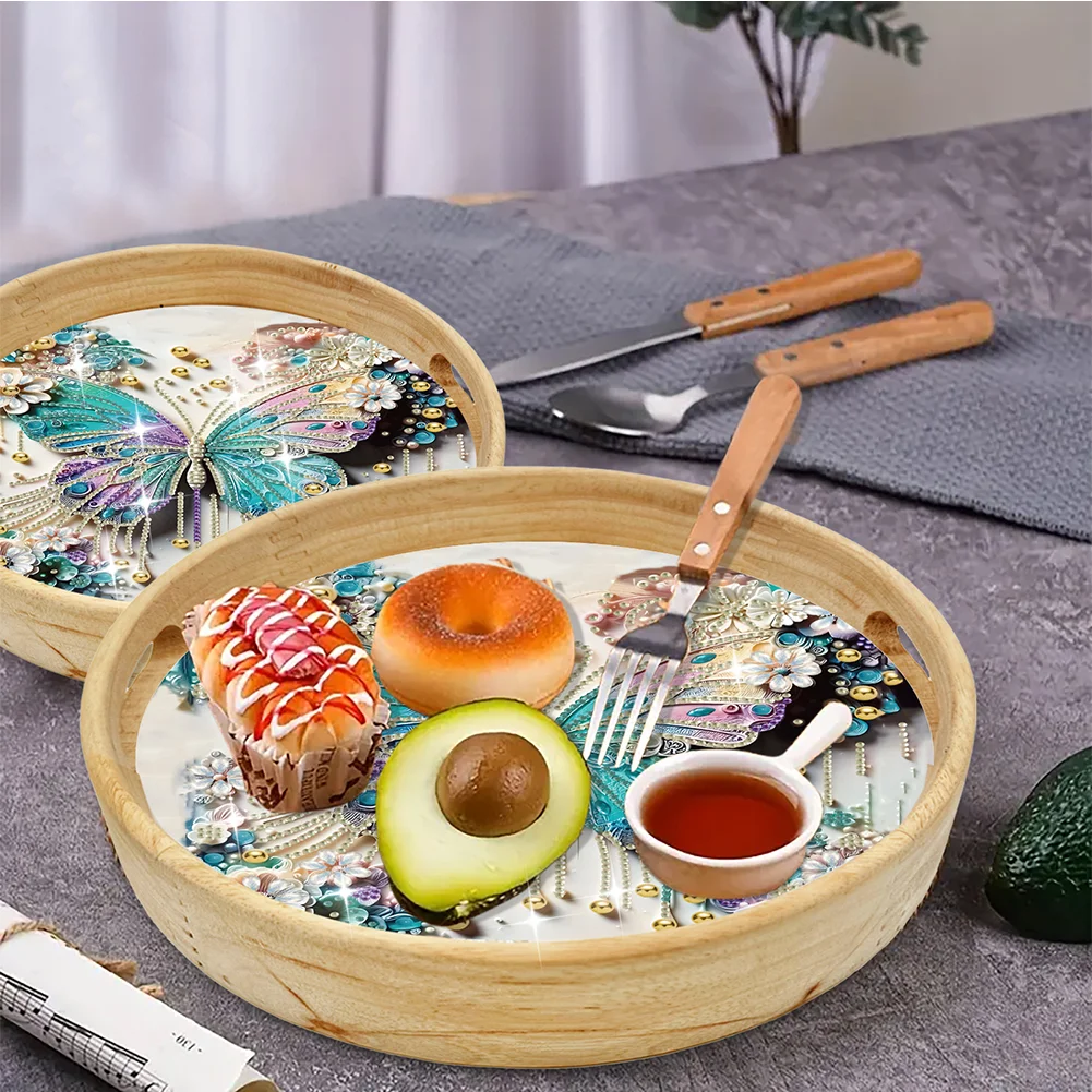 DIY Butterfly Wooden Diamond Food Dinner Plate with Handle for Coffee Table