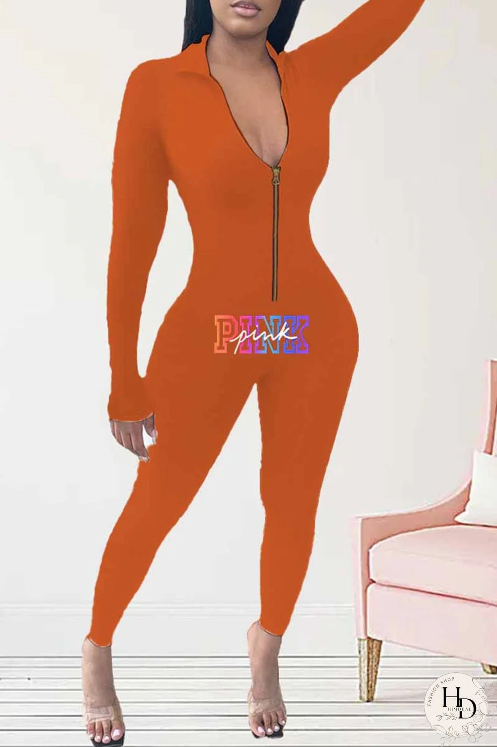 Orange Sportswear Print Letter Zipper Collar Jumpsuits