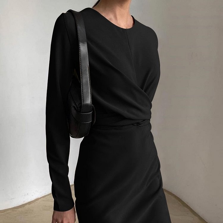 Elegant Solid Twist Midi Dress For Women O-neck Long Sleeve Bodycon Pencil Dresses Partywear Pleated Back Split Vestidos - BlackFridayBuys