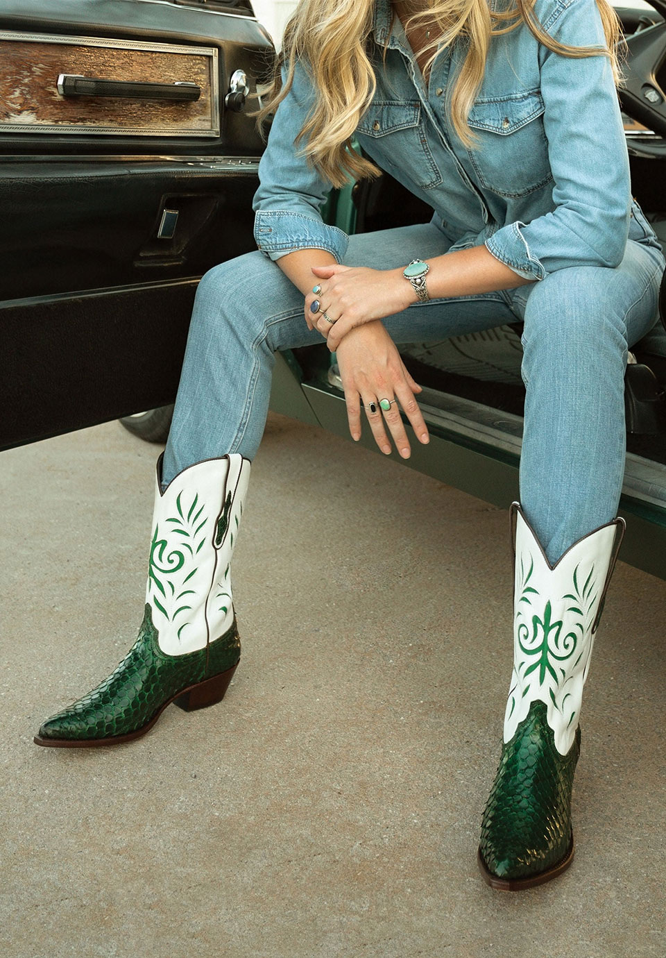 Green and white color-block Pointed Toe Floral Embroidered Wide Calf Cowgirl Boots With Chunky Heels