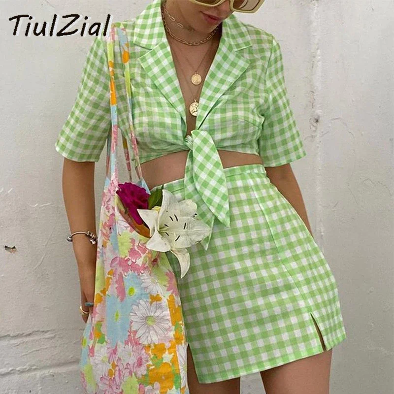 Jangj TiulZial Green Plaid Y2K Women Dress Set Notched Lace Up Crop Top And Mini Skirt Two Pieces One Suit Summer Short Dress E Girl