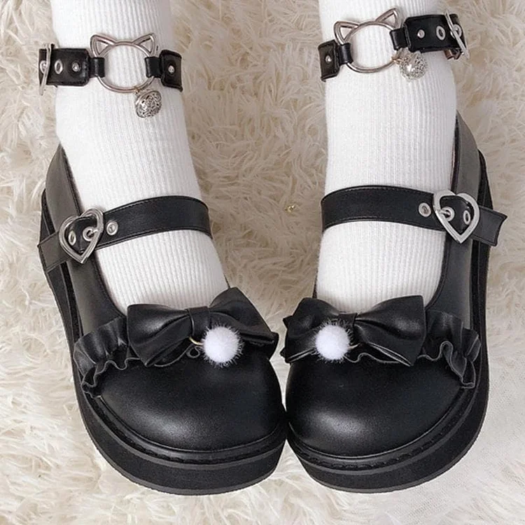 Bow Love Heart Buckle Kitty Mary Janes Shoes SP15239