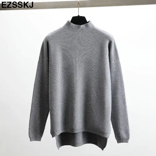 Korean Style Loose Sweater Women Pullover Casual Half Turtleneck Long Sleeve Oversized Knit Sweater Female Jumpers Split solid