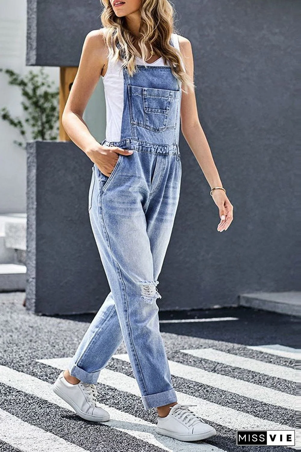 Denim Hole Distressed Casual Overall