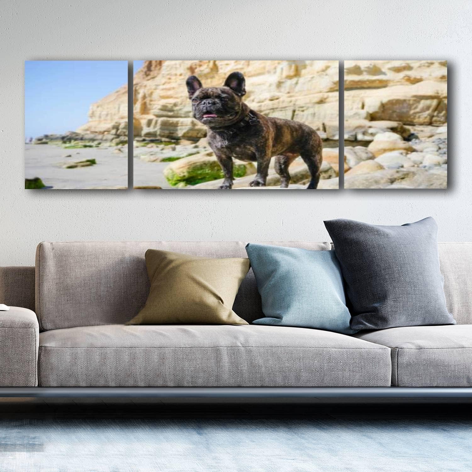 Framed Art Giclee Canvas Prints French Bulldog at Dog Beach Canvas Wall Art Fashion Family Paintings for Living Room Office Decor Hang Pictures 63W x 20H Multi4