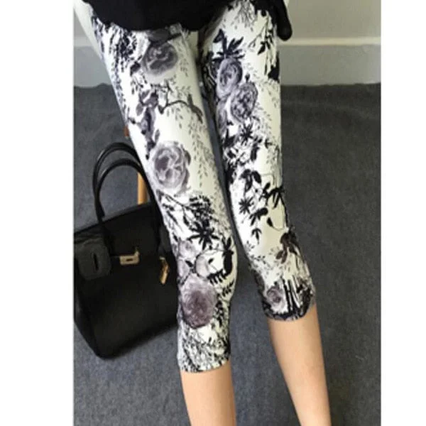 CUHAKCI Summer Printing Women Leggings Cropped Pants Casual Stretched Graffiti Tie Dyed Elastic Capris
