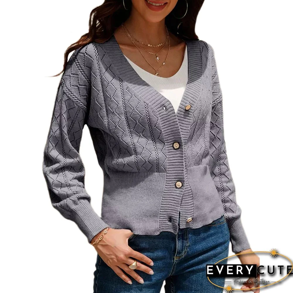 Gray Dimond Hollow-out Button Knit Sweater Cardigan