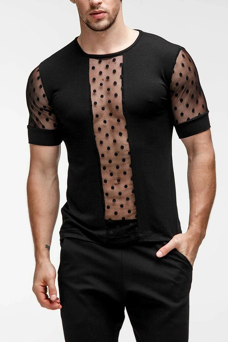 Men's Casual Mesh Stitching Polka Dot Print Round Neck T-Shirt
