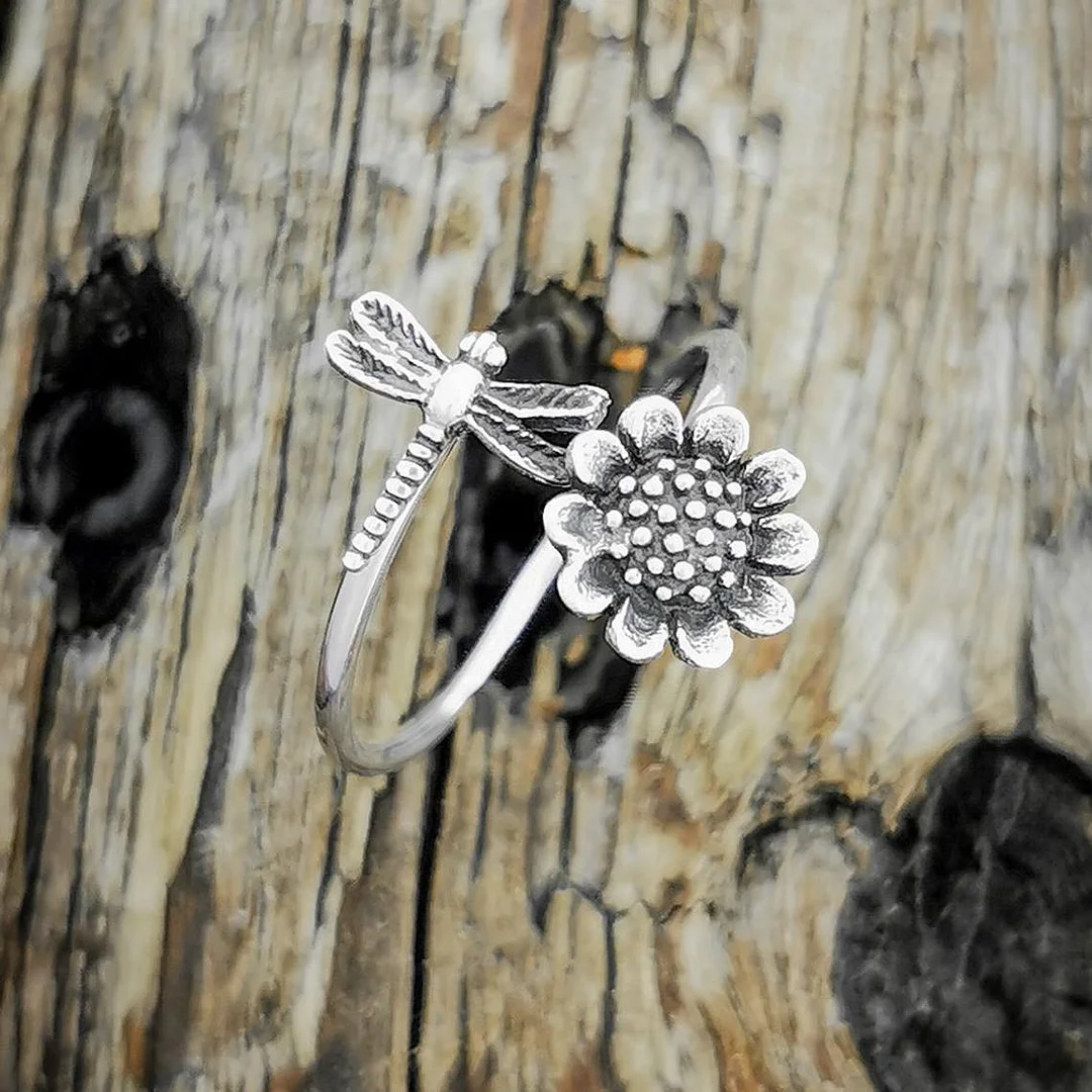 Vintage Sunflower and Dragonfly Adjustable Ring