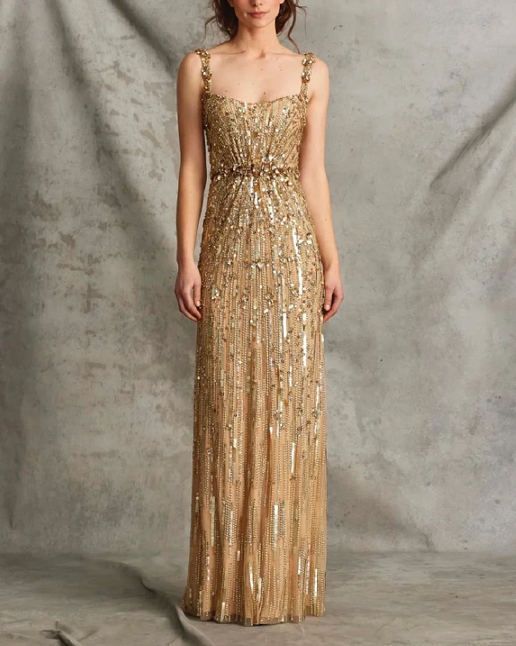 Elegant Gold Shiny Crystal Shawl Long Dress